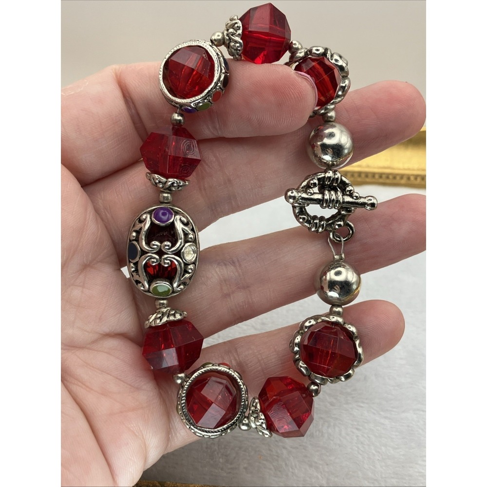 Ornate Ruby Red Glass Beaded Bracelet Enamel Silver Tone Royal Romantic Castle
